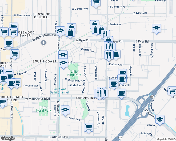 map of restaurants, bars, coffee shops, grocery stores, and more near 3202 South Timber Street in Santa Ana