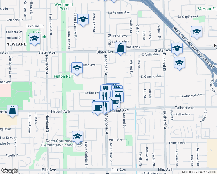 map of restaurants, bars, coffee shops, grocery stores, and more near 17837 Magnolia Street in Fountain Valley
