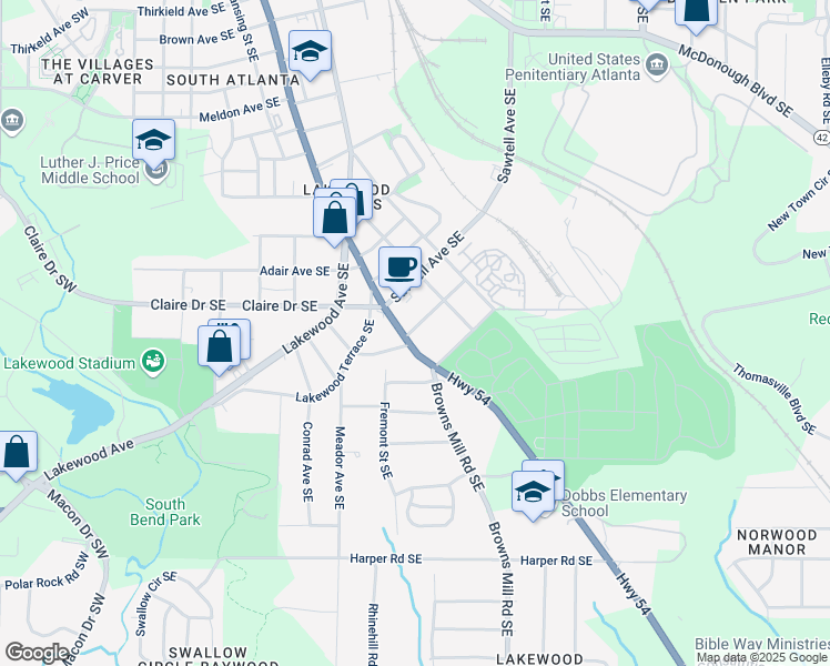 map of restaurants, bars, coffee shops, grocery stores, and more near 1844 Jonesboro Road Southeast in Atlanta
