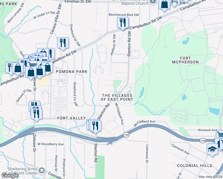 map of restaurants, bars, coffee shops, grocery stores, and more near 2677 Bayrose Circle in East Point