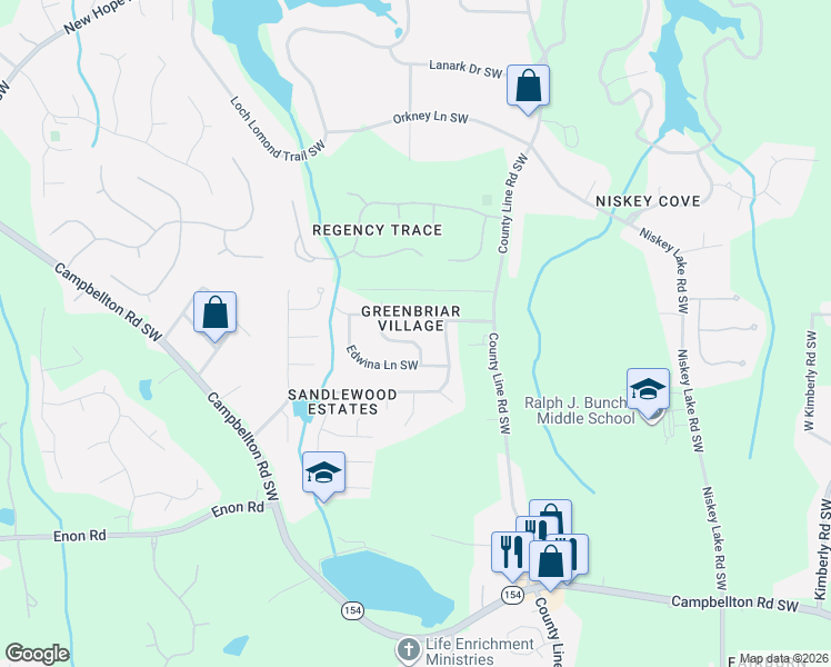 map of restaurants, bars, coffee shops, grocery stores, and more near 4667 Edwina Lane Southwest in Atlanta