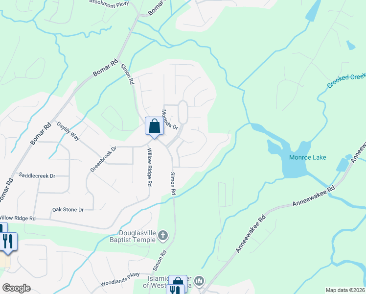 map of restaurants, bars, coffee shops, grocery stores, and more near 3871 Monticello Street in Douglasville