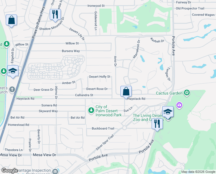 map of restaurants, bars, coffee shops, grocery stores, and more near 73430 Desert Rose Drive in Palm Desert