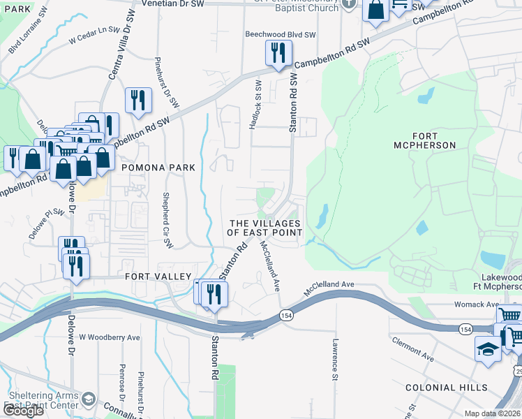 map of restaurants, bars, coffee shops, grocery stores, and more near 2677 Bayrose Circle in East Point
