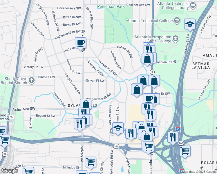 map of restaurants, bars, coffee shops, grocery stores, and more near 1877 Lisbon Drive Southwest in Atlanta