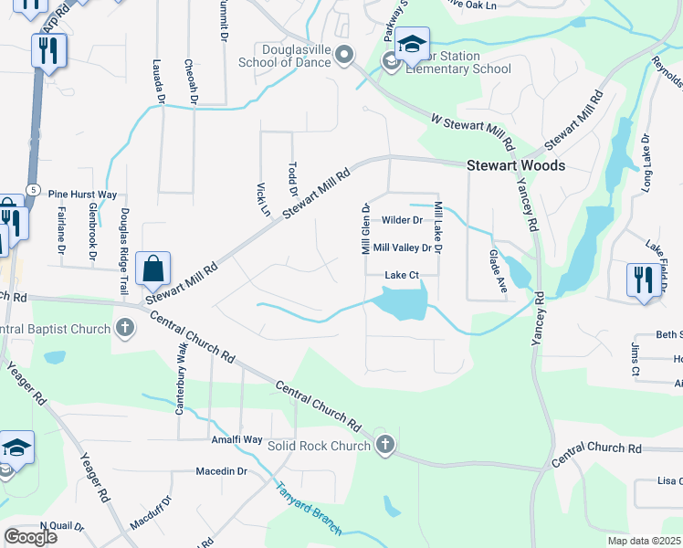 map of restaurants, bars, coffee shops, grocery stores, and more near 3747 Junior Lane in Douglasville