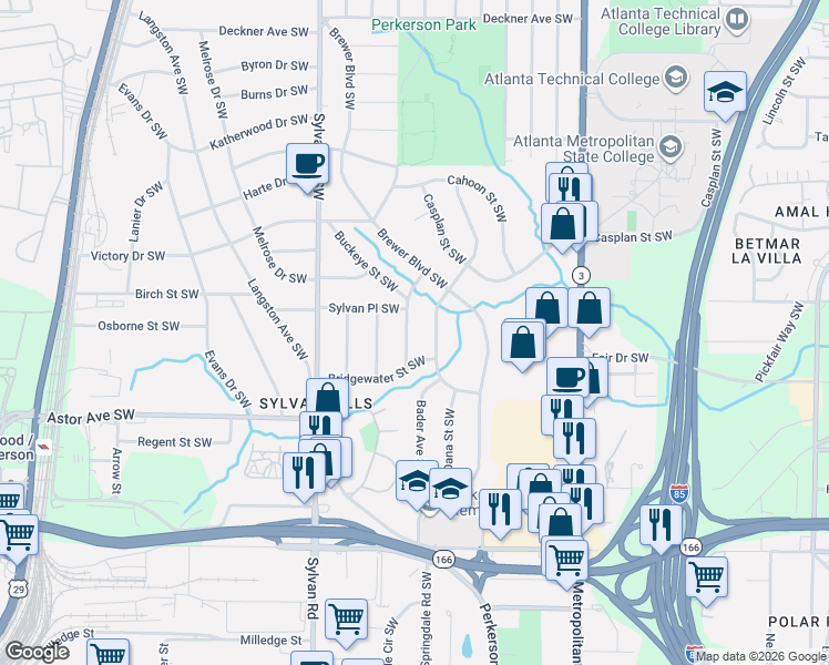map of restaurants, bars, coffee shops, grocery stores, and more near 1877 Lisbon Drive Southwest in Atlanta