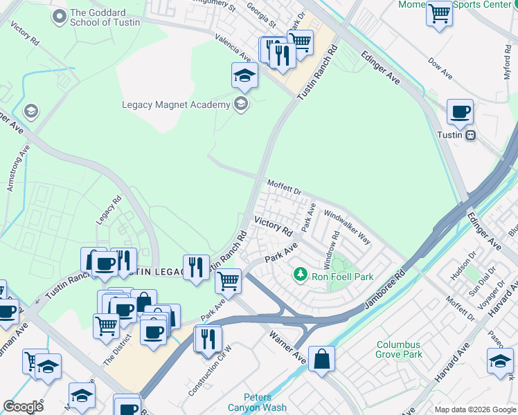 map of restaurants, bars, coffee shops, grocery stores, and more near 354 Transport in Tustin