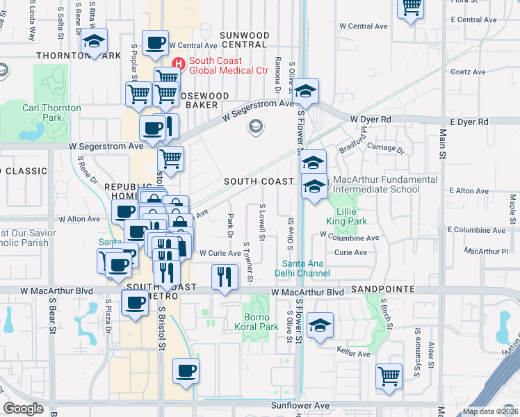 map of restaurants, bars, coffee shops, grocery stores, and more near 3305 South Lowell Street in Santa Ana