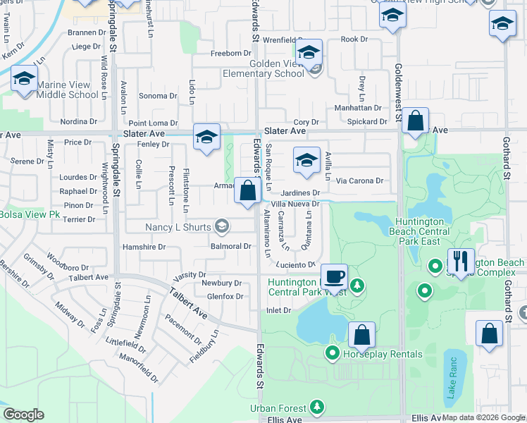 map of restaurants, bars, coffee shops, grocery stores, and more near 6451 Vatcher Drive in Huntington Beach