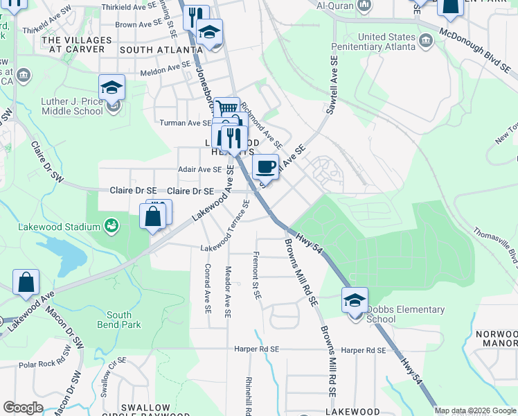 map of restaurants, bars, coffee shops, grocery stores, and more near 1847 Jonesboro Road Southeast in Atlanta