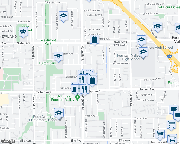 map of restaurants, bars, coffee shops, grocery stores, and more near 17805 Winterberry Street in Fountain Valley