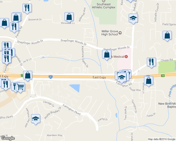 map of restaurants, bars, coffee shops, grocery stores, and more near 2732 Keystone Gates Court in Lithonia