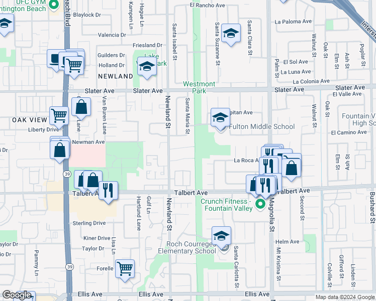 map of restaurants, bars, coffee shops, grocery stores, and more near 8576 Whitefish Circle in Fountain Valley