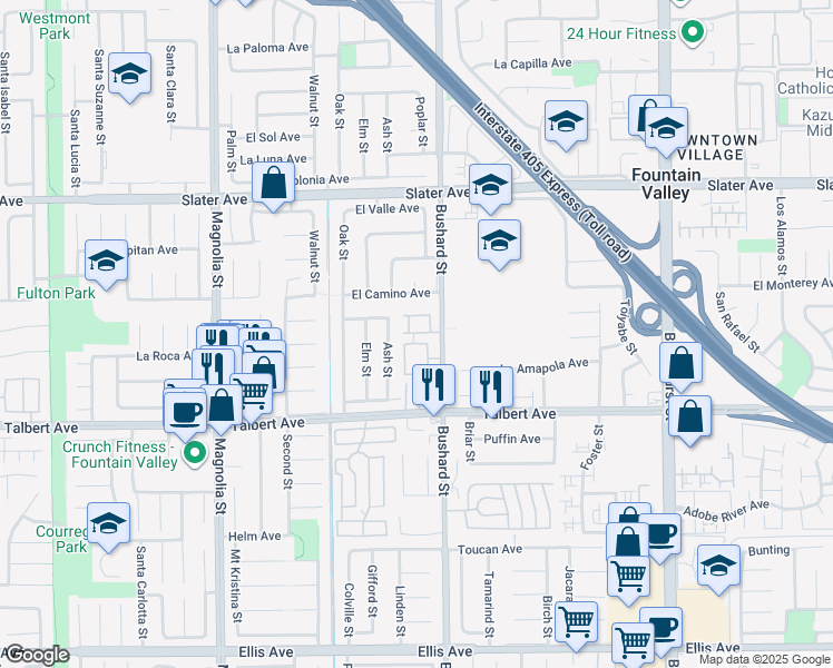 map of restaurants, bars, coffee shops, grocery stores, and more near 9440 Revere Court in Fountain Valley