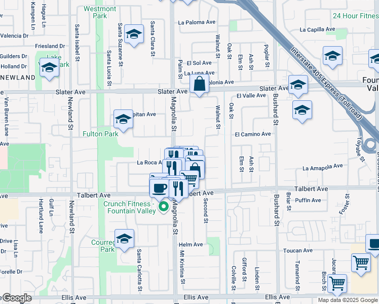 map of restaurants, bars, coffee shops, grocery stores, and more near 17805 Winterberry Street in Fountain Valley