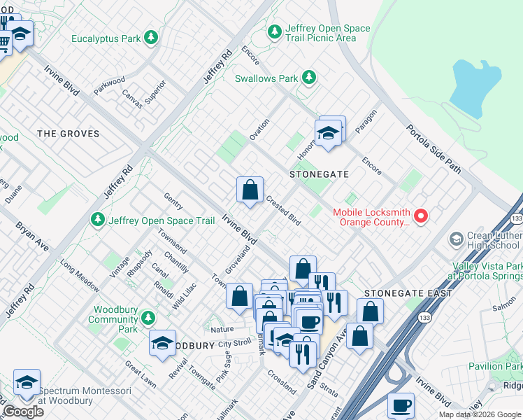 map of restaurants, bars, coffee shops, grocery stores, and more near 102 Kempton in Irvine