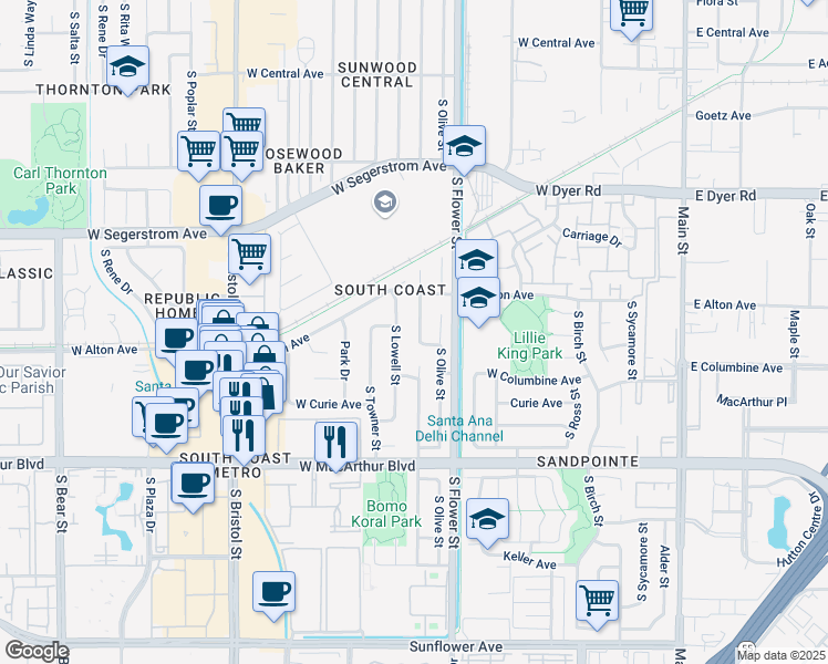 map of restaurants, bars, coffee shops, grocery stores, and more near 3218 Ramona Drive in Santa Ana