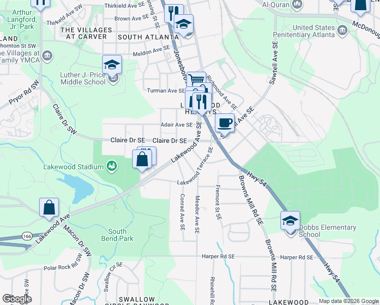 map of restaurants, bars, coffee shops, grocery stores, and more near 1824 Lakewood Avenue Southeast in Atlanta
