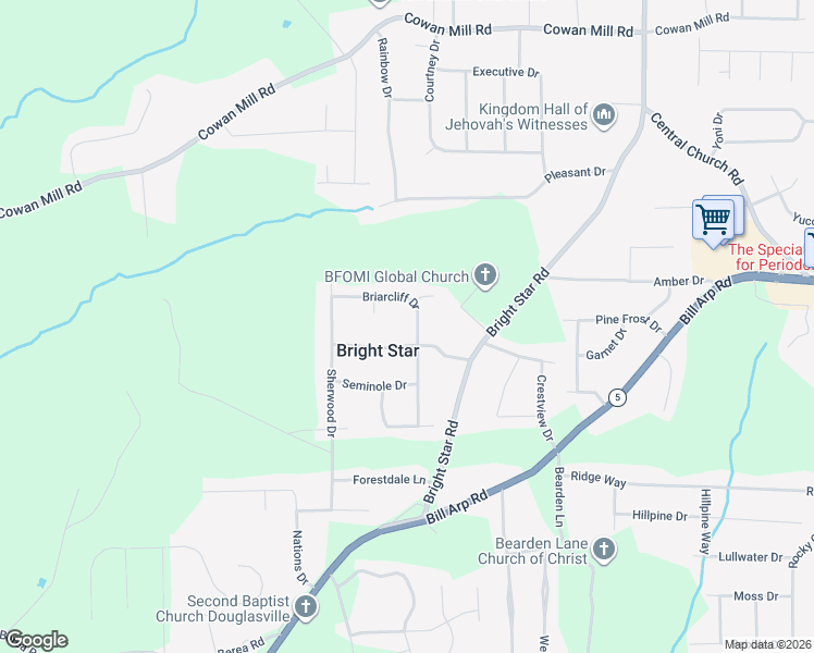 map of restaurants, bars, coffee shops, grocery stores, and more near 3738 Briarcliff Drive in Douglasville