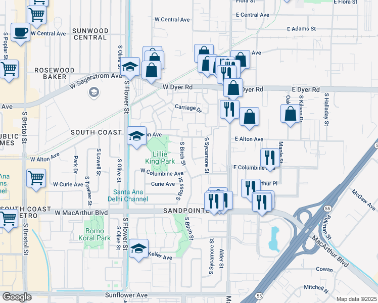map of restaurants, bars, coffee shops, grocery stores, and more near 3202 South Timber Street in Santa Ana