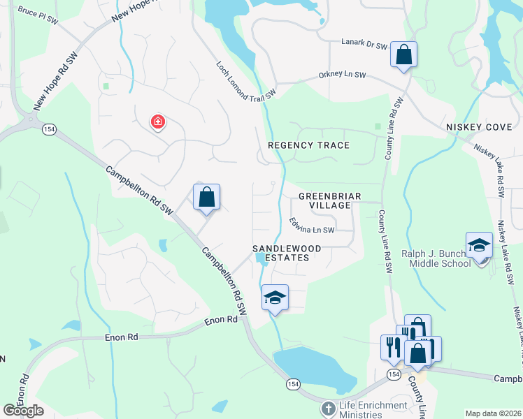 map of restaurants, bars, coffee shops, grocery stores, and more near 2400 Sandfall Court Southwest in Atlanta