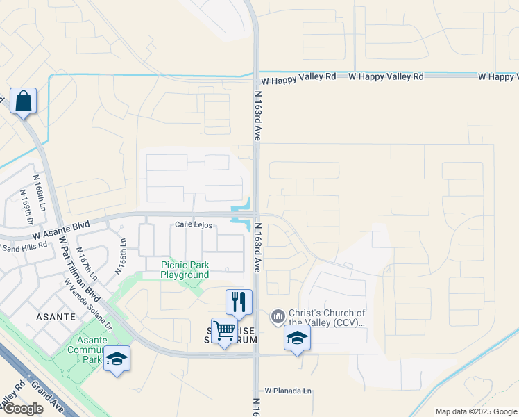 map of restaurants, bars, coffee shops, grocery stores, and more near 24435 North 163rd Avenue in Surprise