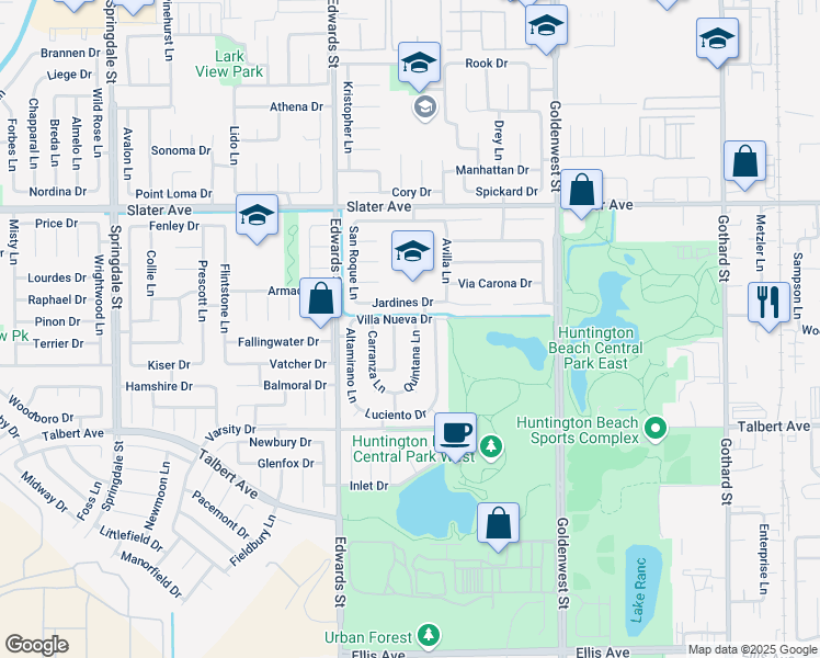 map of restaurants, bars, coffee shops, grocery stores, and more near 17761 Quintana Lane in Huntington Beach