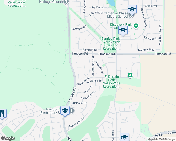 map of restaurants, bars, coffee shops, grocery stores, and more near 28693 Wedelia Street in Menifee