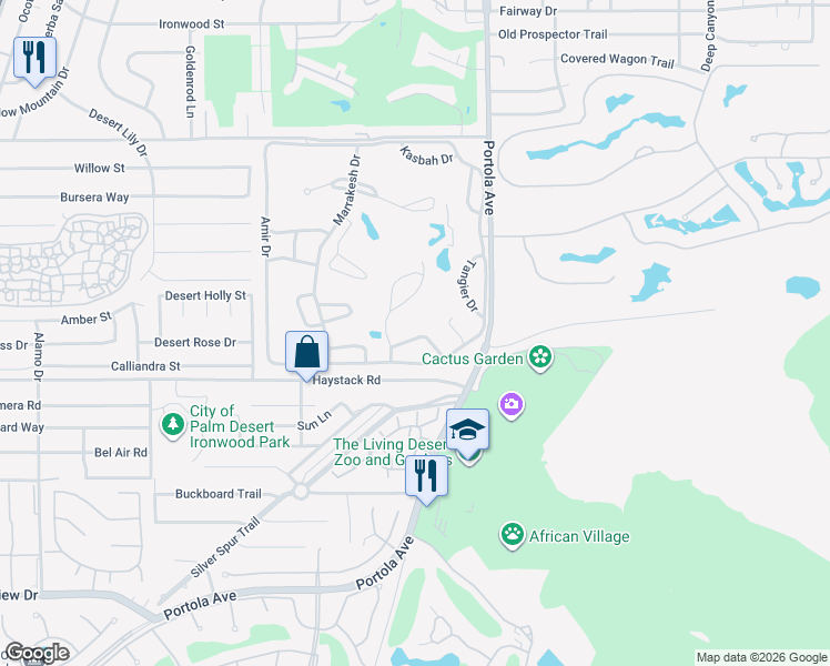 map of restaurants, bars, coffee shops, grocery stores, and more near 47460 Medina Drive East in Palm Desert