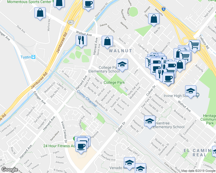 map of restaurants, bars, coffee shops, grocery stores, and more near 14802 Elm Avenue in Irvine