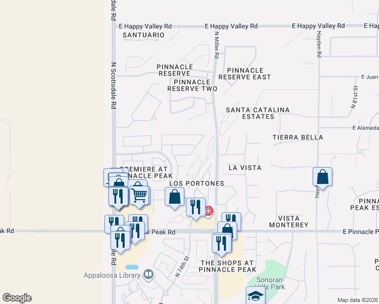 map of restaurants, bars, coffee shops, grocery stores, and more near 7448 East Black Rock Road in Scottsdale