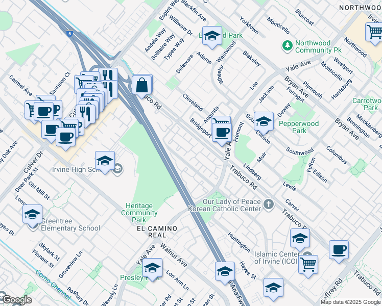 map of restaurants, bars, coffee shops, grocery stores, and more near in Irvine