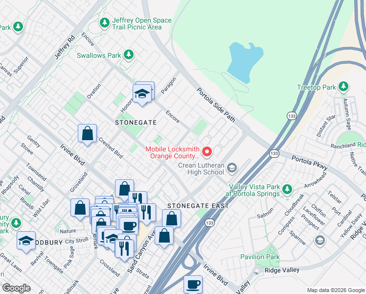 map of restaurants, bars, coffee shops, grocery stores, and more near 77 Coleridge in Irvine