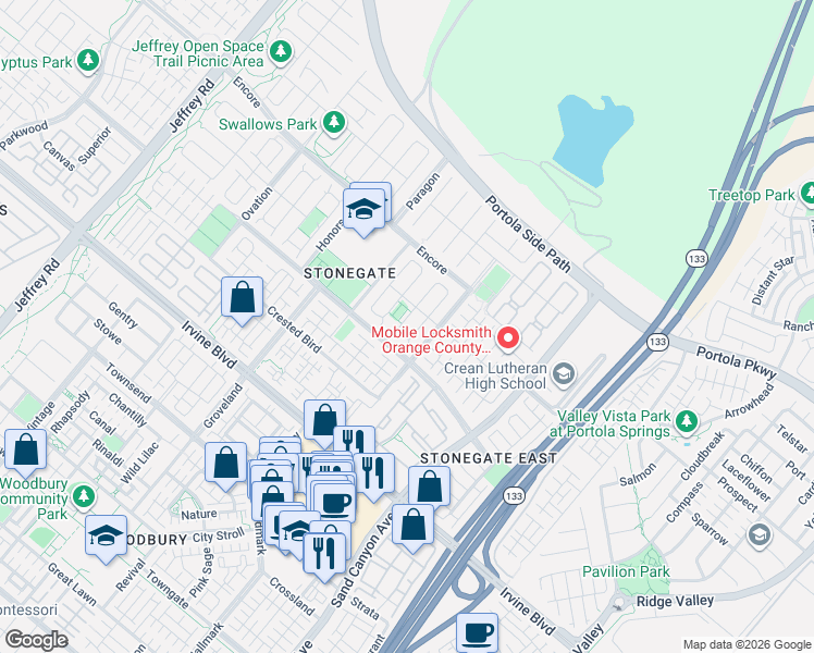 map of restaurants, bars, coffee shops, grocery stores, and more near 43 Lyndhurst in Irvine