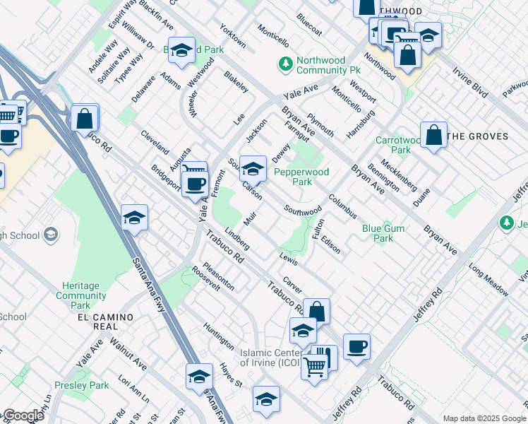 map of restaurants, bars, coffee shops, grocery stores, and more near 43 Carson in Irvine