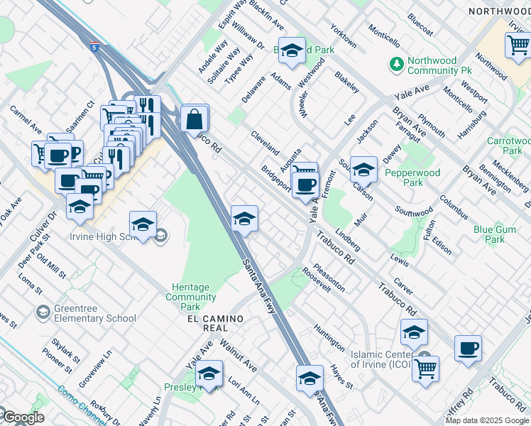 map of restaurants, bars, coffee shops, grocery stores, and more near 278 Monroe in Irvine