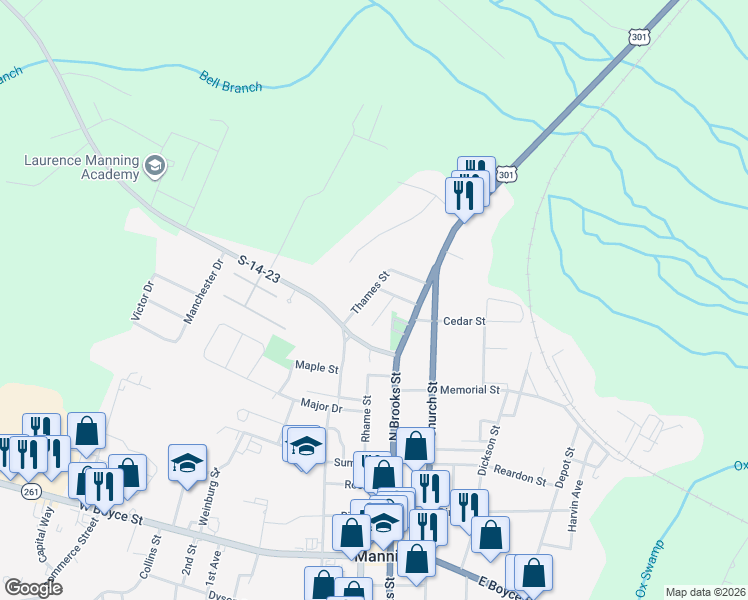 map of restaurants, bars, coffee shops, grocery stores, and more near 17 Pecan Street in Manning