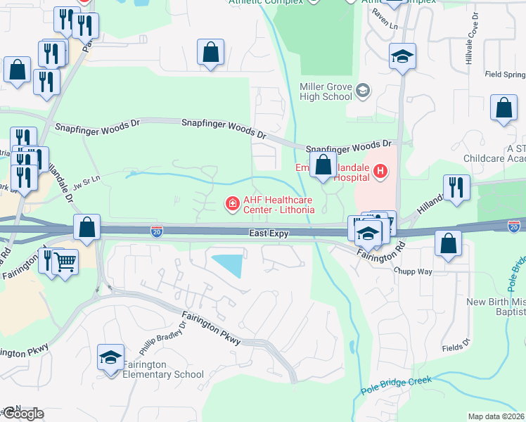map of restaurants, bars, coffee shops, grocery stores, and more near 2732 Keystone Gates Court in Lithonia