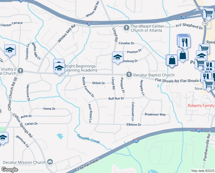 map of restaurants, bars, coffee shops, grocery stores, and more near 2526 Shiloh Drive in Decatur