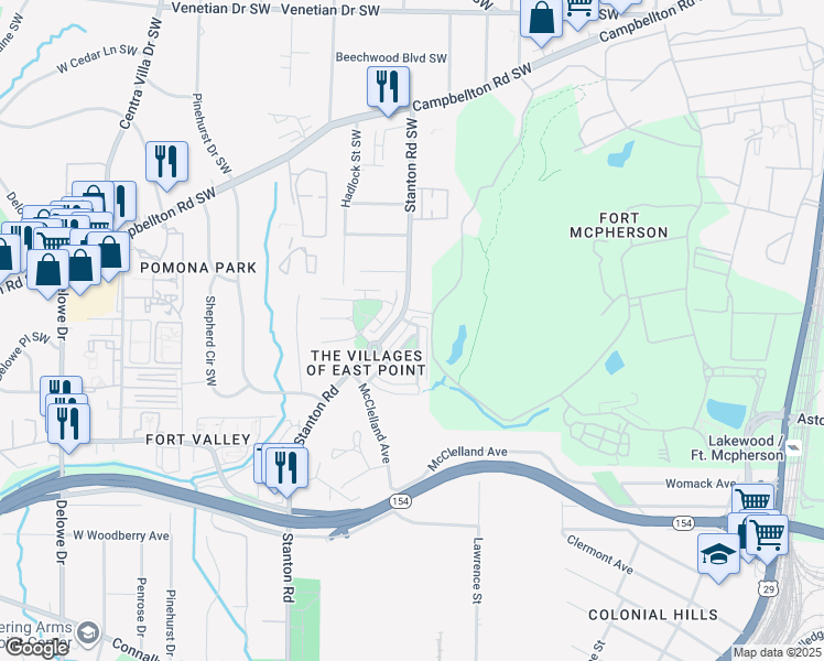 map of restaurants, bars, coffee shops, grocery stores, and more near in East Point