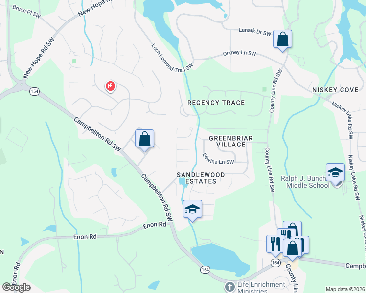 map of restaurants, bars, coffee shops, grocery stores, and more near 2400 Sandfall Court Southwest in Atlanta