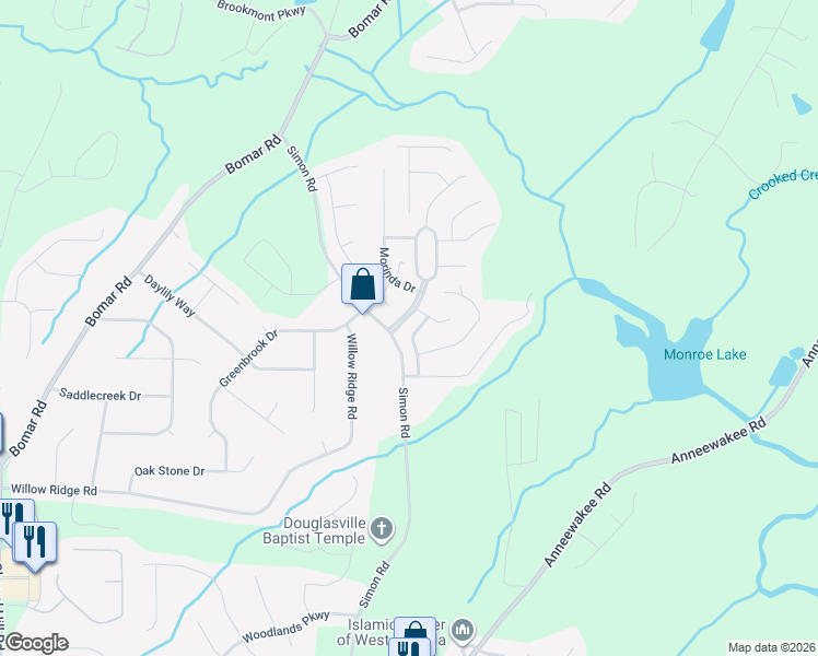 map of restaurants, bars, coffee shops, grocery stores, and more near 3917 Arolla Lane in Douglasville