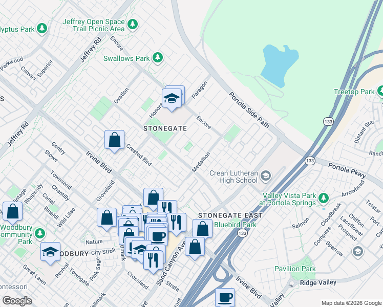 map of restaurants, bars, coffee shops, grocery stores, and more near 47 Lyndhurst in Irvine