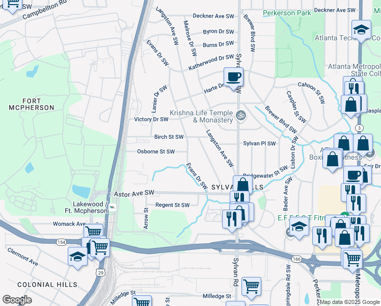 map of restaurants, bars, coffee shops, grocery stores, and more near 1816 Evans Drive Southwest in Atlanta