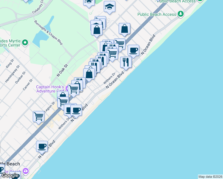 map of restaurants, bars, coffee shops, grocery stores, and more near 2507 North Ocean Boulevard in Myrtle Beach