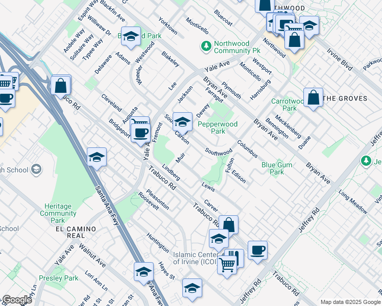 map of restaurants, bars, coffee shops, grocery stores, and more near 43 Carson in Irvine