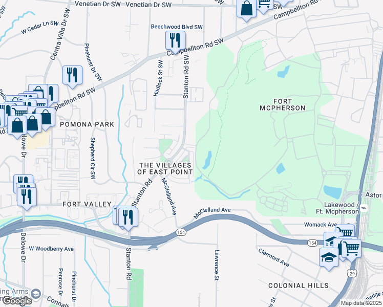map of restaurants, bars, coffee shops, grocery stores, and more near 1894 Stanton Road in East Point