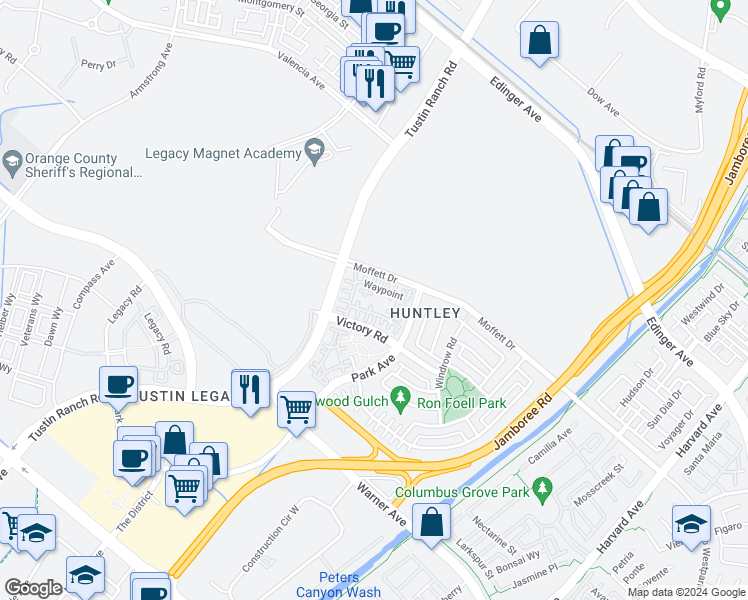 map of restaurants, bars, coffee shops, grocery stores, and more near 178 Waypoint in Tustin