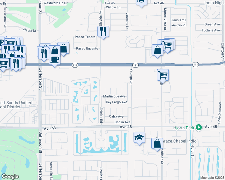 map of restaurants, bars, coffee shops, grocery stores, and more near 47432 Bahama Court in Indio